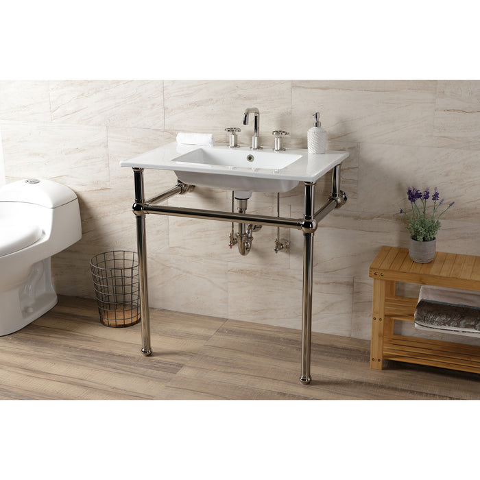 Kingston Heirloom KVBH31227W8B6 - Templeton 31-Inch Ceramic Console Sink with Brass Legs (8-Inch, 3-Hole), White/Polished Nickel