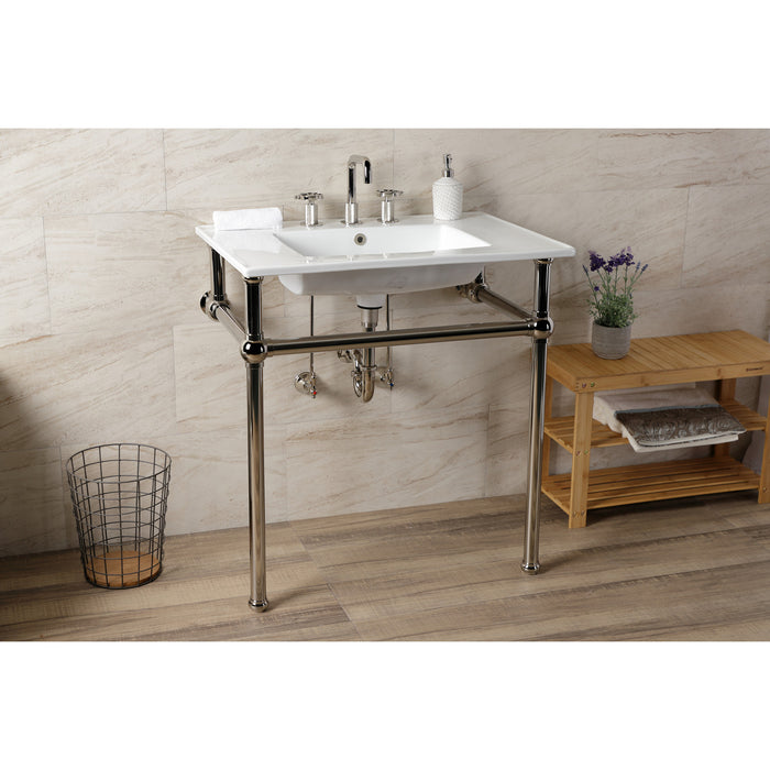 Kingston Heirloom KVBH31227W8B6 - Templeton 31-Inch Ceramic Console Sink with Brass Legs (8-Inch, 3-Hole), White/Polished Nickel