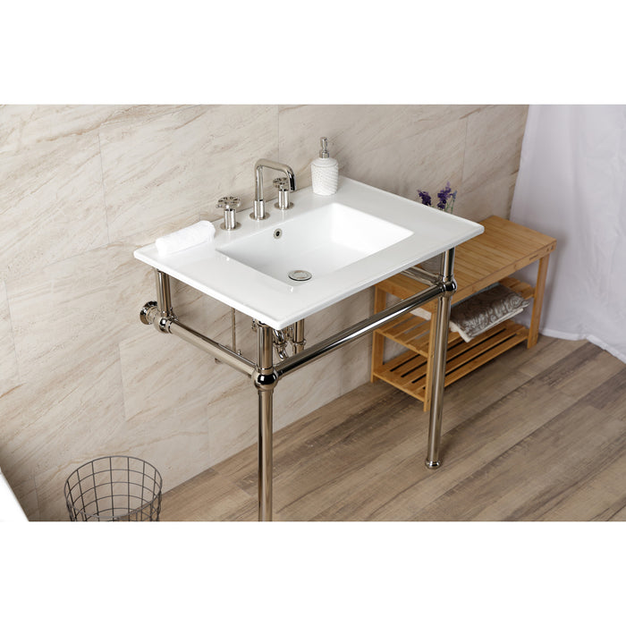 Kingston Heirloom KVBH31227W8B6 - Templeton 31-Inch Ceramic Console Sink with Brass Legs (8-Inch, 3-Hole), White/Polished Nickel