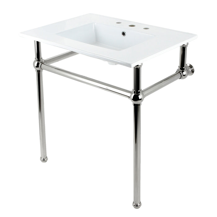 Kingston Heirloom KVBH31227W8B6 - Templeton 31-Inch Ceramic Console Sink with Brass Legs (8-Inch, 3-Hole), White/Polished Nickel