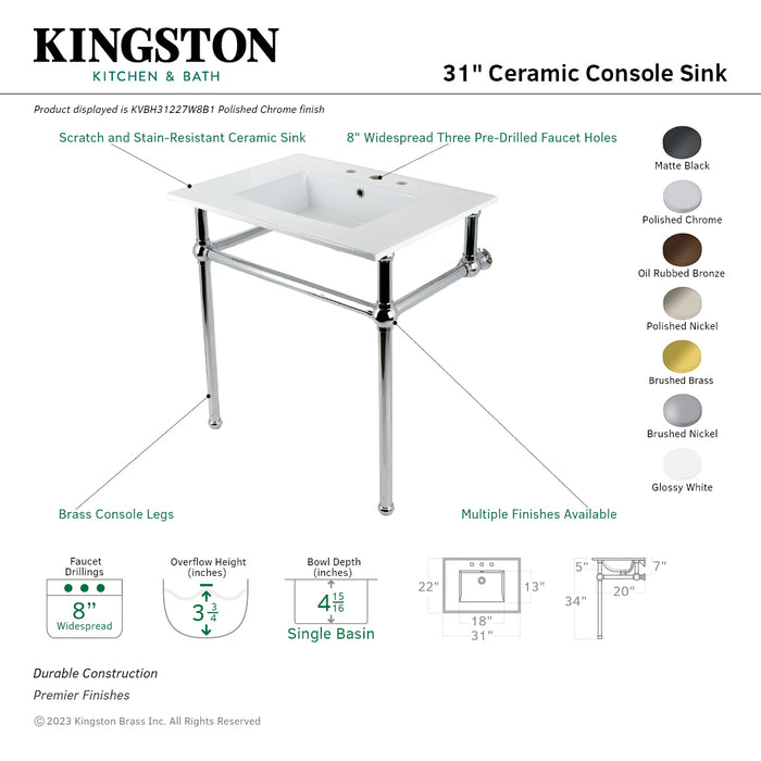 Kingston Heirloom KVBH31227W8B8 - Templeton 31-Inch Ceramic Console Sink with Brass Legs (8-Inch, 3-Hole), White/Brushed Nickel