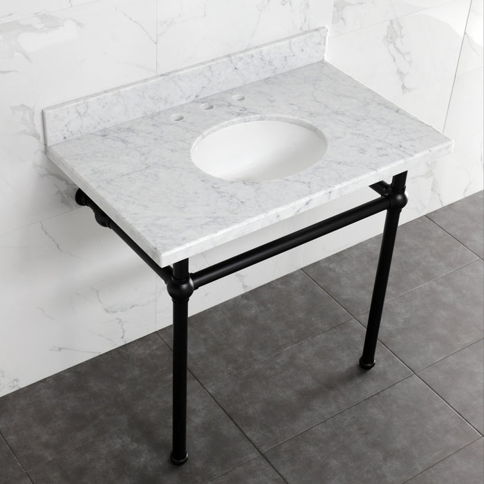 Kingston Heirloom KVBH3622M80 - Templeton 36-Inch Carrara Marble Console Sink with Brass Legs (8-Inch, 3-Hole), Carrara Marble White/Matte Black
