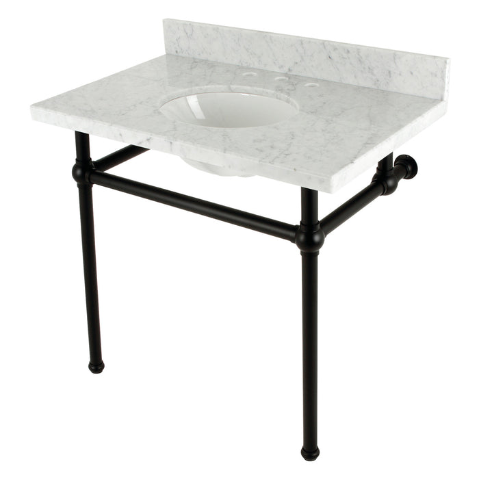 Kingston Heirloom KVBH3622M80 - Templeton 36-Inch Carrara Marble Console Sink with Brass Legs (8-Inch, 3-Hole), Carrara Marble White/Matte Black