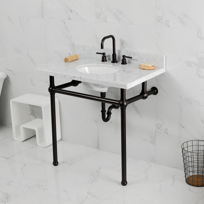 Kingston Heirloom KVBH3622M85 - Templeton 36-Inch Carrara Marble Console Sink with Brass Legs (8-Inch, 3-Hole), Carrara Marble White/Oil Rubbed Bronze