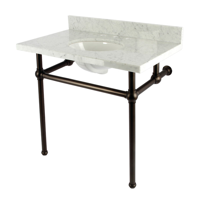 Kingston Heirloom KVBH3622M85 - Templeton 36-Inch Carrara Marble Console Sink with Brass Legs (8-Inch, 3-Hole), Carrara Marble White/Oil Rubbed Bronze