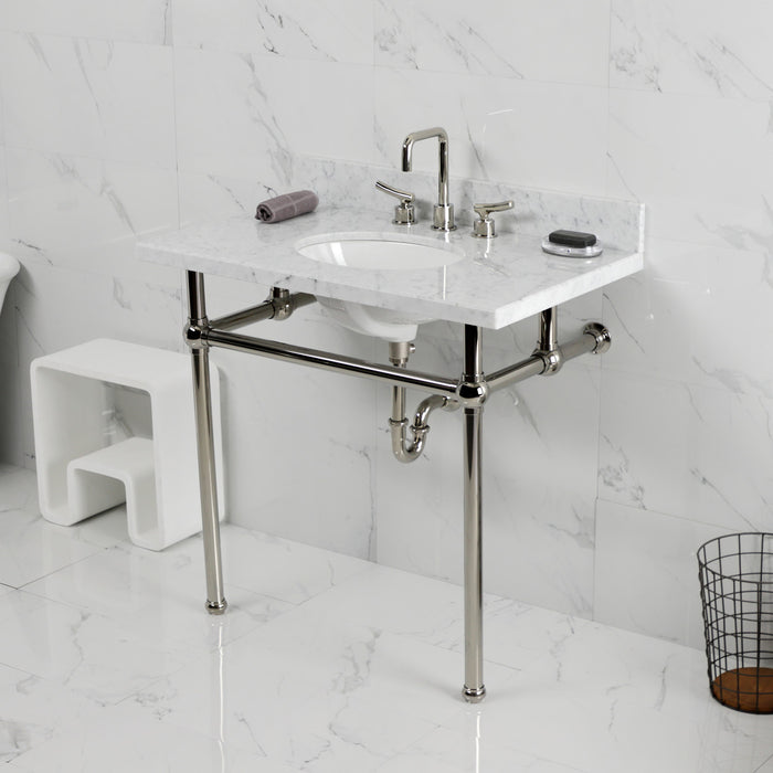 Kingston Heirloom KVBH3622M86 - Templeton 36-Inch Carrara Marble Console Sink with Brass Legs (8-Inch, 3-Hole), Carrara Marble White/Polished Nickel