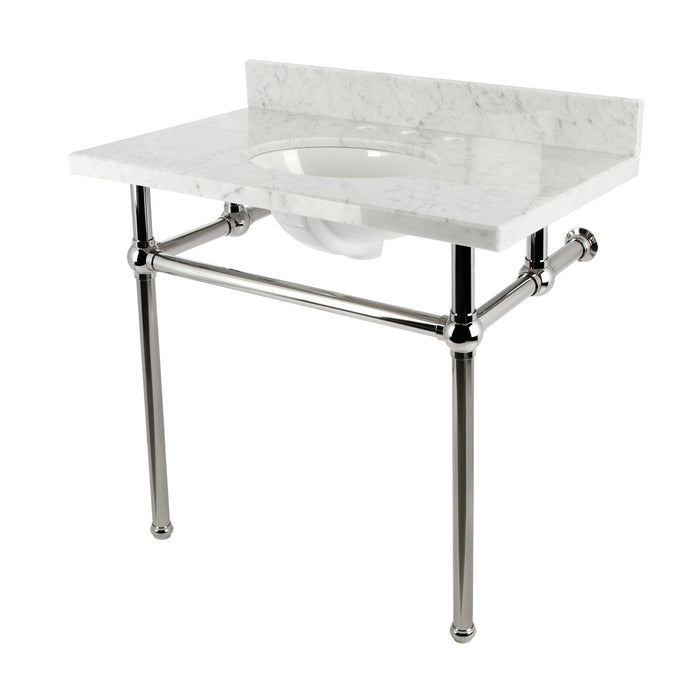 Kingston Heirloom KVBH3622M86 - Templeton 36-Inch Carrara Marble Console Sink with Brass Legs (8-Inch, 3-Hole), Carrara Marble White/Polished Nickel