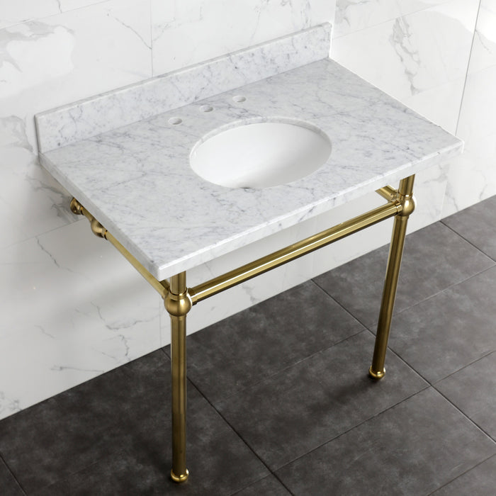 Kingston Heirloom KVBH3622M87 - Templeton 36-Inch Carrara Marble Console Sink with Brass Legs (8-Inch, 3-Hole), Carrara Marble White/Brushed Brass