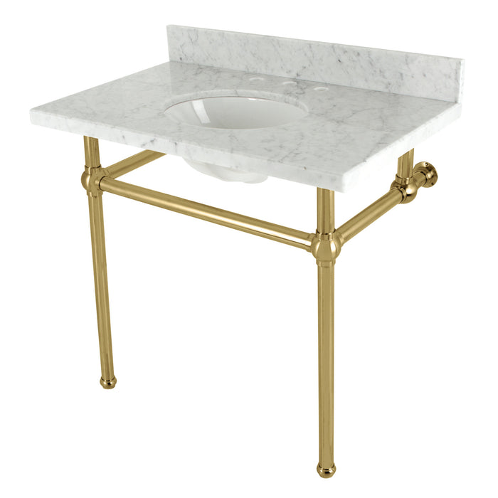 Kingston Heirloom KVBH3622M87 - Templeton 36-Inch Carrara Marble Console Sink with Brass Legs (8-Inch, 3-Hole), Carrara Marble White/Brushed Brass