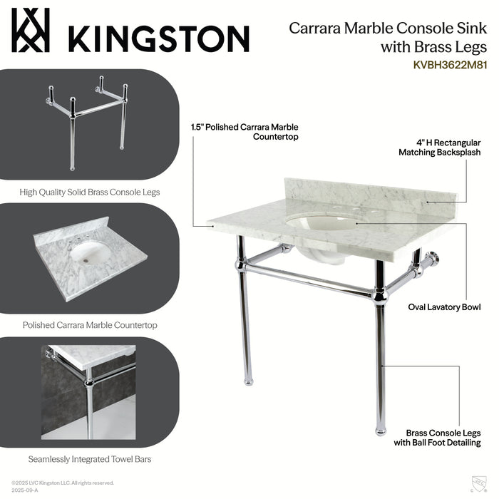 Kingston Heirloom KVBH3622M88 - Templeton 36-Inch Carrara Marble Console Sink with Brass Legs (8-Inch, 3-Hole), Carrara Marble White/Brushed Nickel