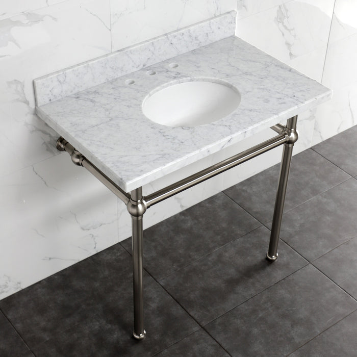 Kingston Heirloom KVBH3622M88 - Templeton 36-Inch Carrara Marble Console Sink with Brass Legs (8-Inch, 3-Hole), Carrara Marble White/Brushed Nickel