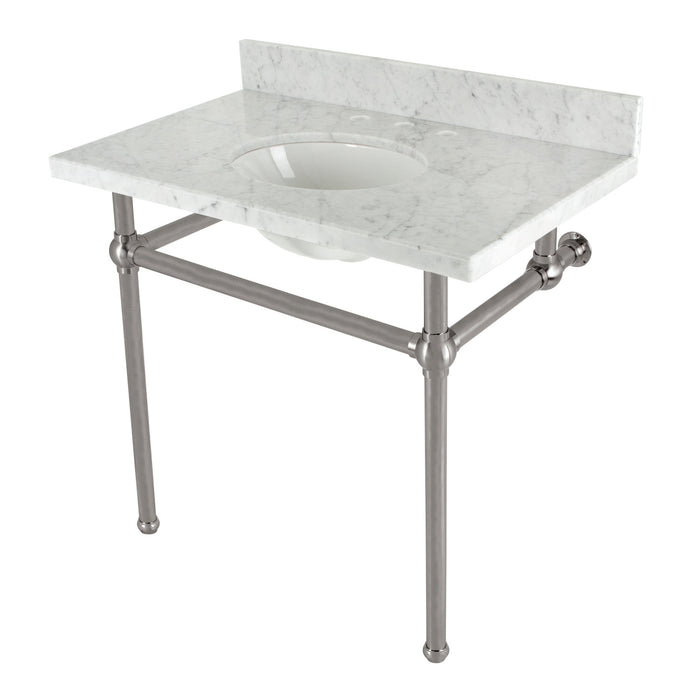 Kingston Heirloom KVBH3622M88 - Templeton 36-Inch Carrara Marble Console Sink with Brass Legs (8-Inch, 3-Hole), Carrara Marble White/Brushed Nickel