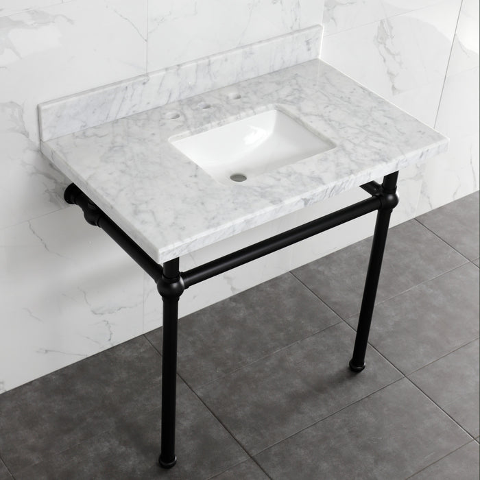 Kingston Heirloom KVBH3622M8SQ0 - Templeton 36-Inch Carrara Marble Console Sink with Brass Legs (8-Inch, 3-Hole), Carrara Marble White/Matte Black