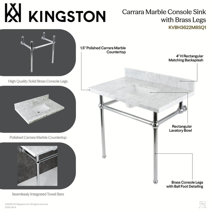 Kingston Heirloom KVBH3622M8SQ1 - Templeton 36-Inch Carrara Marble Console Sink with Brass Legs (8-Inch, 3-Hole), Carrara Marble White/Polished Chrome