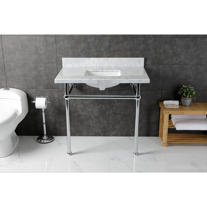 Kingston Heirloom KVBH3622M8SQ1 - Templeton 36-Inch Carrara Marble Console Sink with Brass Legs (8-Inch, 3-Hole), Carrara Marble White/Polished Chrome