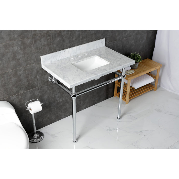Kingston Heirloom KVBH3622M8SQ1 - Templeton 36-Inch Carrara Marble Console Sink with Brass Legs (8-Inch, 3-Hole), Carrara Marble White/Polished Chrome