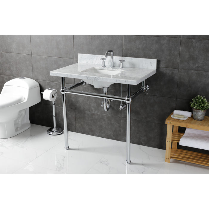 Kingston Heirloom KVBH3622M8SQ1 - Templeton 36-Inch Carrara Marble Console Sink with Brass Legs (8-Inch, 3-Hole), Carrara Marble White/Polished Chrome