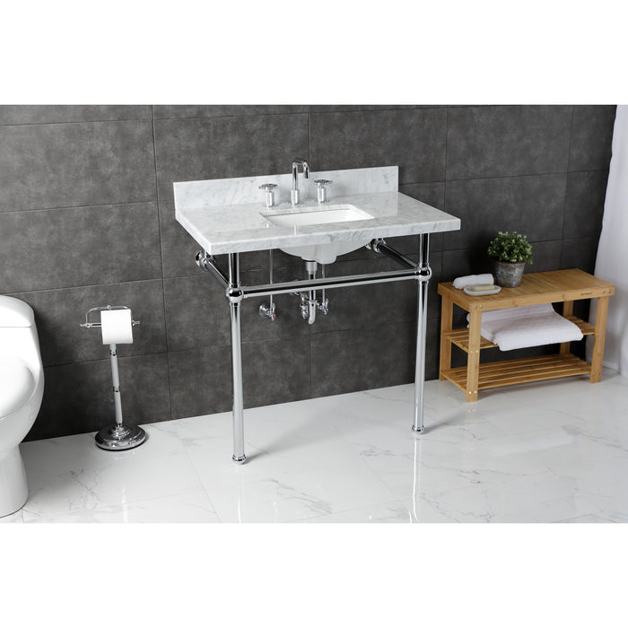 Kingston Heirloom KVBH3622M8SQ1 - Templeton 36-Inch Carrara Marble Console Sink with Brass Legs (8-Inch, 3-Hole), Carrara Marble White/Polished Chrome