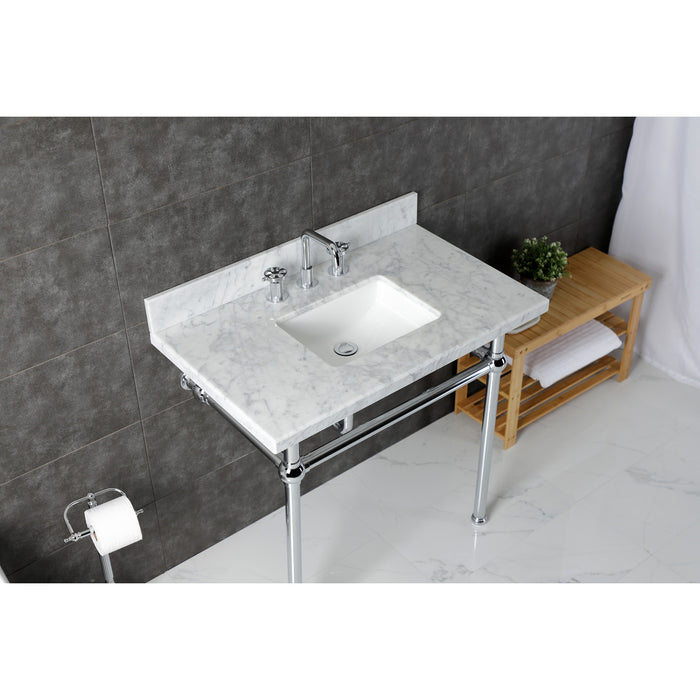 Kingston Heirloom KVBH3622M8SQ1 - Templeton 36-Inch Carrara Marble Console Sink with Brass Legs (8-Inch, 3-Hole), Carrara Marble White/Polished Chrome