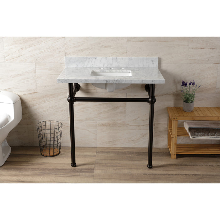 Kingston Heirloom KVBH3622M8SQ5 - Templeton 36-Inch Carrara Marble Console Sink with Brass Legs (8-Inch, 3-Hole), Carrara Marble White/Oil Rubbed Bronze