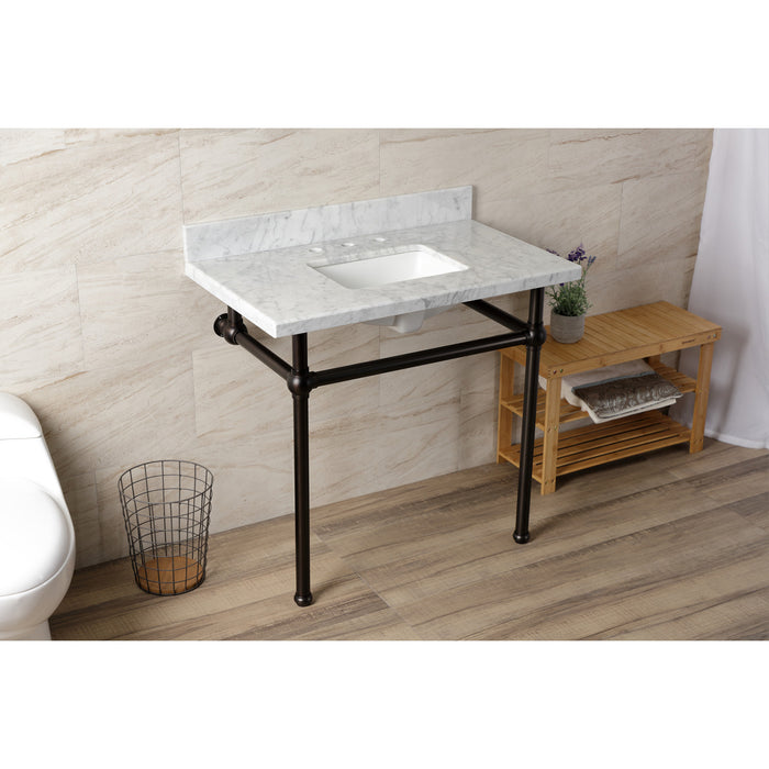 Kingston Heirloom KVBH3622M8SQ5 - Templeton 36-Inch Carrara Marble Console Sink with Brass Legs (8-Inch, 3-Hole), Carrara Marble White/Oil Rubbed Bronze