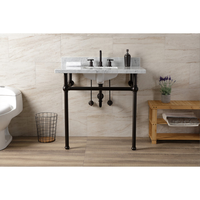Kingston Heirloom KVBH3622M8SQ5 - Templeton 36-Inch Carrara Marble Console Sink with Brass Legs (8-Inch, 3-Hole), Carrara Marble White/Oil Rubbed Bronze