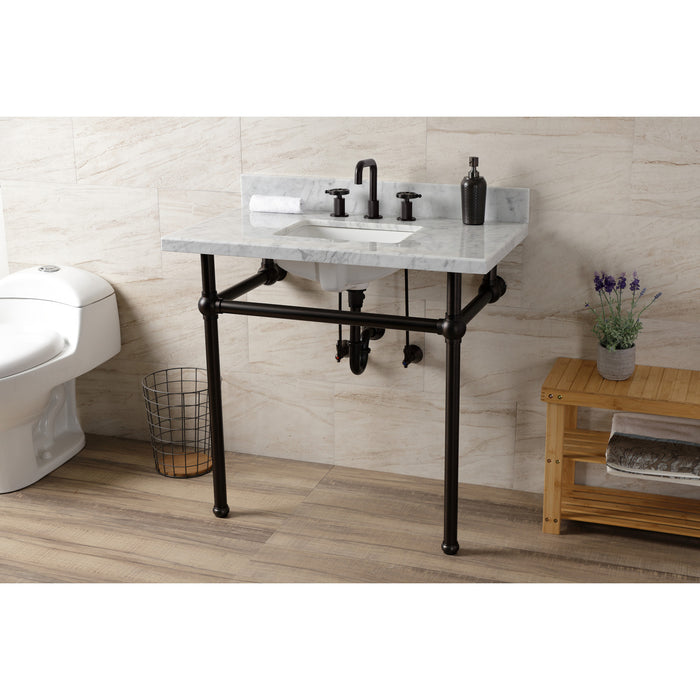 Kingston Heirloom KVBH3622M8SQ5 - Templeton 36-Inch Carrara Marble Console Sink with Brass Legs (8-Inch, 3-Hole), Carrara Marble White/Oil Rubbed Bronze