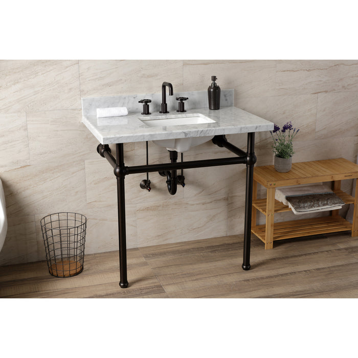Kingston Heirloom KVBH3622M8SQ5 - Templeton 36-Inch Carrara Marble Console Sink with Brass Legs (8-Inch, 3-Hole), Carrara Marble White/Oil Rubbed Bronze