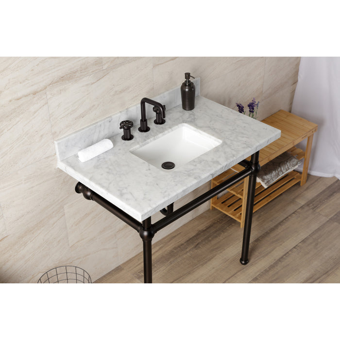 Kingston Heirloom KVBH3622M8SQ5 - Templeton 36-Inch Carrara Marble Console Sink with Brass Legs (8-Inch, 3-Hole), Carrara Marble White/Oil Rubbed Bronze