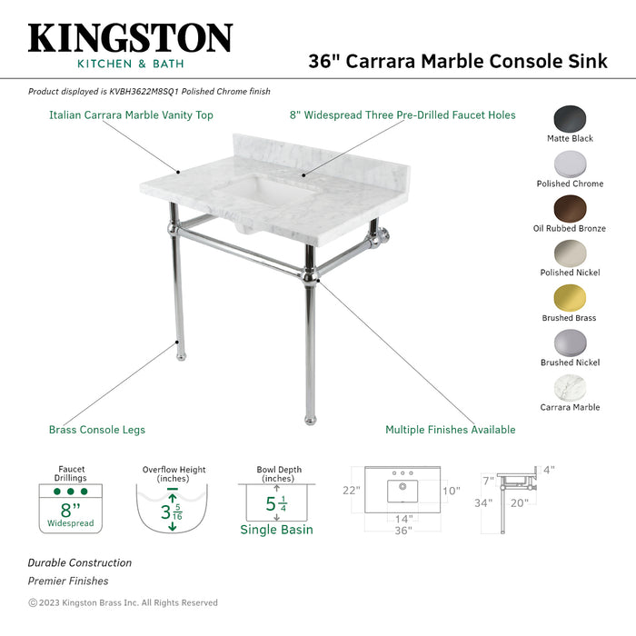 Kingston Heirloom KVBH3622M8SQ6 - Templeton 36-Inch Carrara Marble Console Sink with Brass Legs (8-Inch, 3-Hole), Carrara Marble White/Polished Nickel