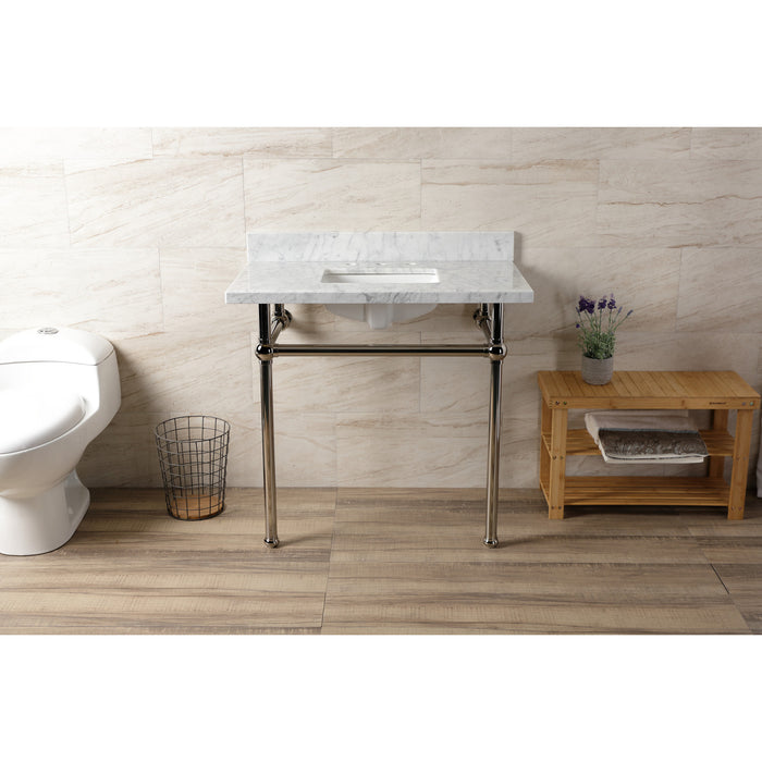 Kingston Heirloom KVBH3622M8SQ6 - Templeton 36-Inch Carrara Marble Console Sink with Brass Legs (8-Inch, 3-Hole), Carrara Marble White/Polished Nickel
