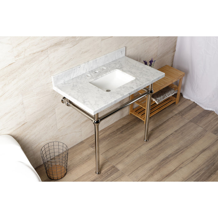 Kingston Heirloom KVBH3622M8SQ6 - Templeton 36-Inch Carrara Marble Console Sink with Brass Legs (8-Inch, 3-Hole), Carrara Marble White/Polished Nickel