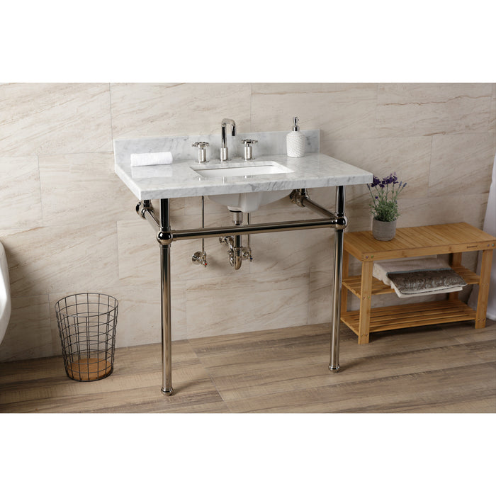 Kingston Heirloom KVBH3622M8SQ6 - Templeton 36-Inch Carrara Marble Console Sink with Brass Legs (8-Inch, 3-Hole), Carrara Marble White/Polished Nickel