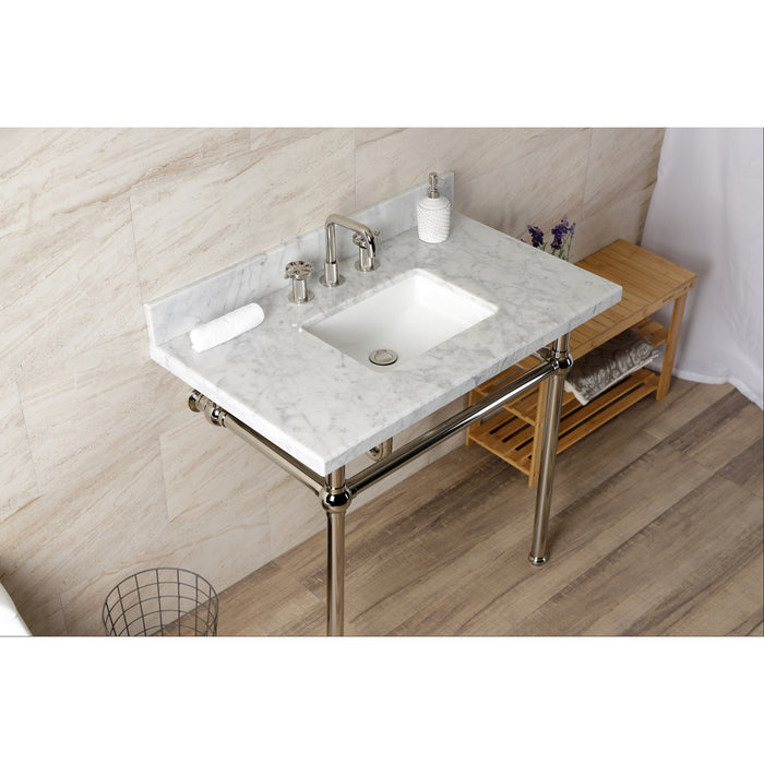 Kingston Heirloom KVBH3622M8SQ6 - Templeton 36-Inch Carrara Marble Console Sink with Brass Legs (8-Inch, 3-Hole), Carrara Marble White/Polished Nickel