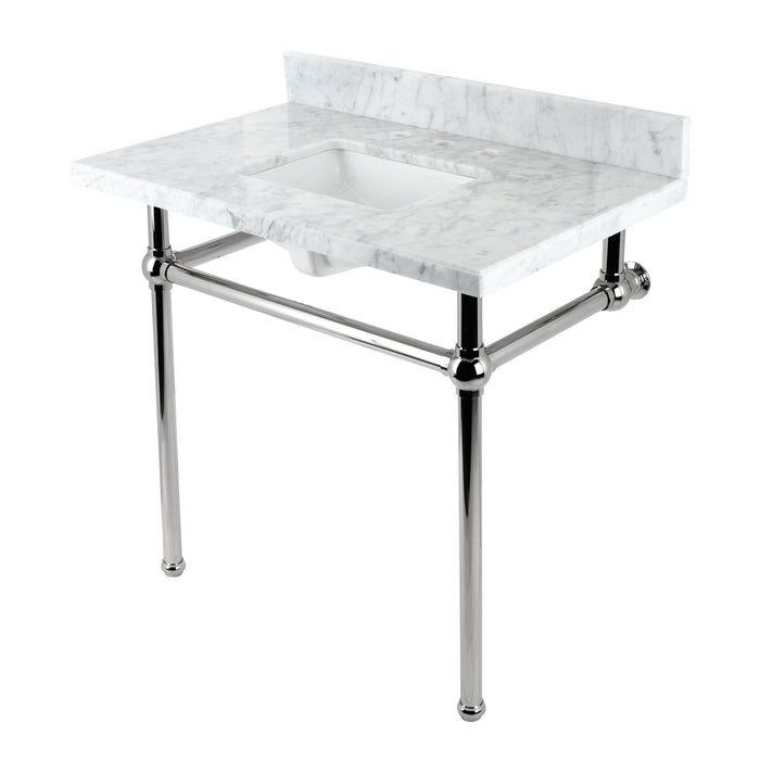 Kingston Heirloom KVBH3622M8SQ6 - Templeton 36-Inch Carrara Marble Console Sink with Brass Legs (8-Inch, 3-Hole), Carrara Marble White/Polished Nickel