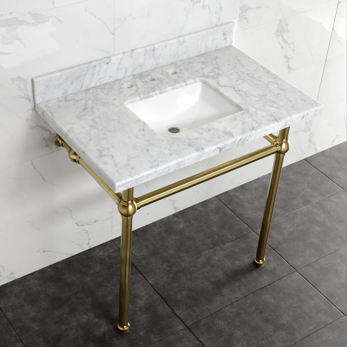 Kingston Heirloom KVBH3622M8SQ7 - Templeton 36-Inch Carrara Marble Console Sink with Brass Legs (8-Inch, 3-Hole), Carrara Marble White/Brushed Brass