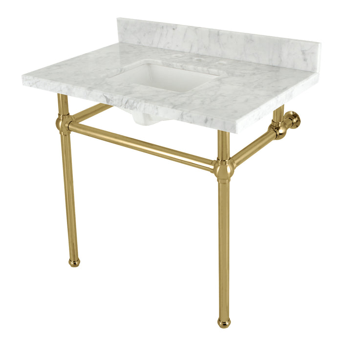 Kingston Heirloom KVBH3622M8SQ7 - Templeton 36-Inch Carrara Marble Console Sink with Brass Legs (8-Inch, 3-Hole), Carrara Marble White/Brushed Brass