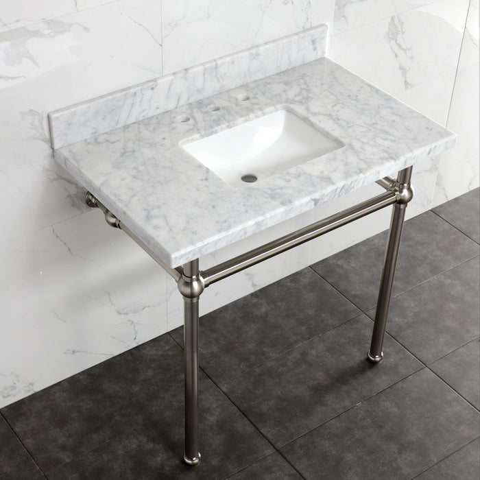 Kingston Heirloom KVBH3622M8SQ8 - Templeton 36-Inch Carrara Marble Console Sink with Brass Legs (8-Inch, 3-Hole), Carrara Marble White/Brushed Nickel