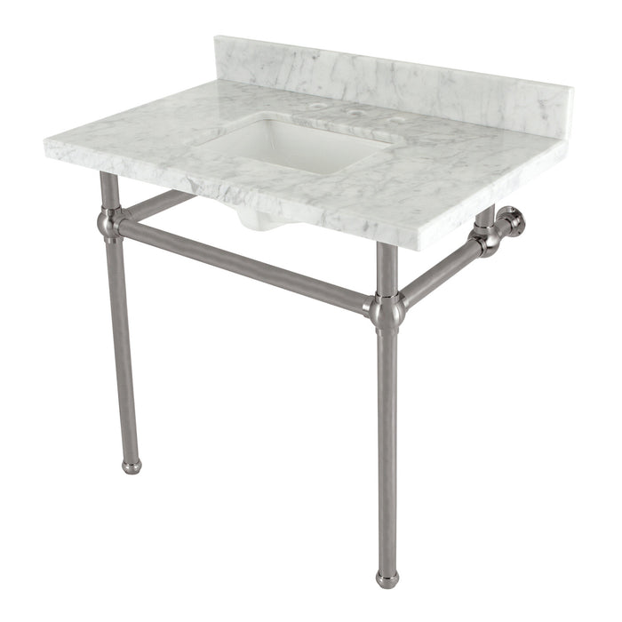 Kingston Heirloom KVBH3622M8SQ8 - Templeton 36-Inch Carrara Marble Console Sink with Brass Legs (8-Inch, 3-Hole), Carrara Marble White/Brushed Nickel