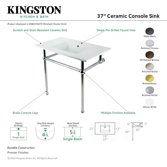 Kingston Heirloom KVBH37227BB - Templeton 37-Inch Ceramic Console Sink with Brass Legs (1-Hole), White/Brushed Brass