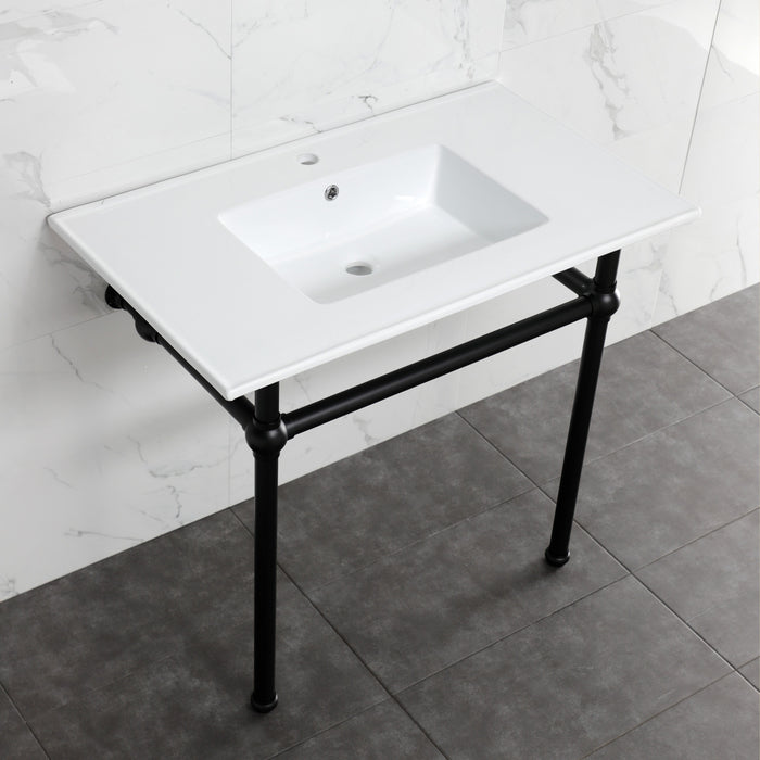 Kingston Heirloom KVBH37227MB - Templeton 37-Inch Ceramic Console Sink with Brass Legs (1-Hole), White/Matte Black