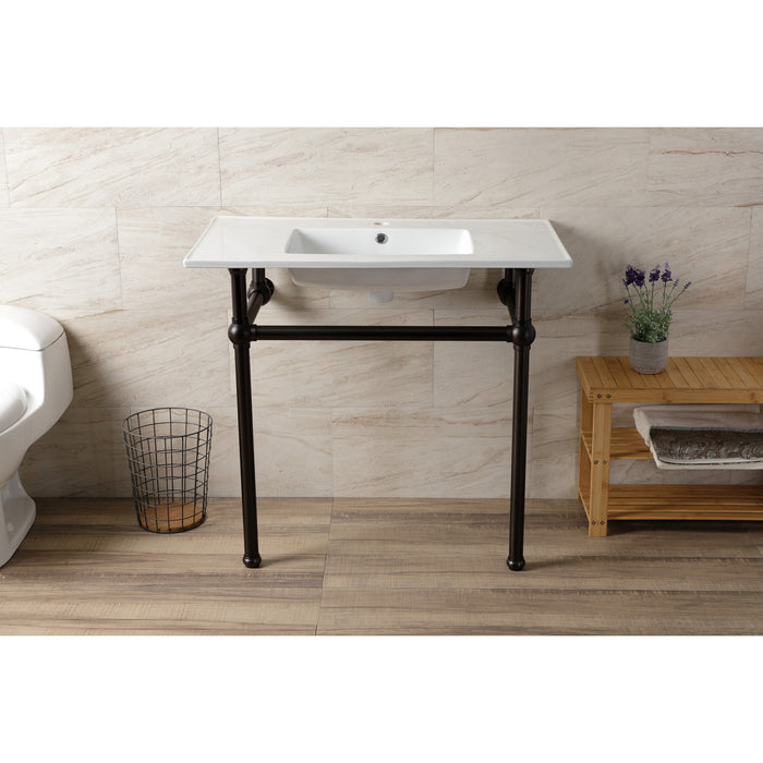 Kingston Heirloom KVBH37227ORB - Templeton 37-Inch Ceramic Console Sink with Brass Legs (1-Hole), White/Oil Rubbed Bronze