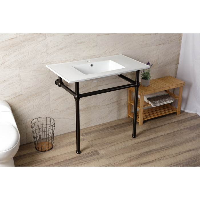 Kingston Heirloom KVBH37227ORB - Templeton 37-Inch Ceramic Console Sink with Brass Legs (1-Hole), White/Oil Rubbed Bronze