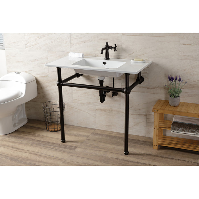 Kingston Heirloom KVBH37227ORB - Templeton 37-Inch Ceramic Console Sink with Brass Legs (1-Hole), White/Oil Rubbed Bronze
