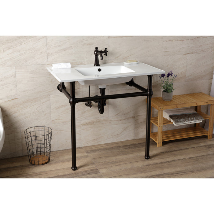 Kingston Heirloom KVBH37227ORB - Templeton 37-Inch Ceramic Console Sink with Brass Legs (1-Hole), White/Oil Rubbed Bronze