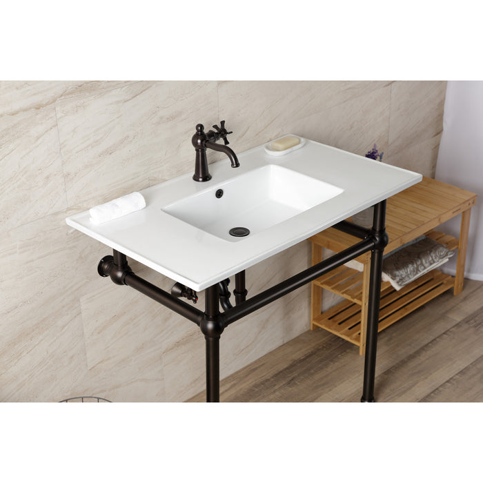 Kingston Heirloom KVBH37227ORB - Templeton 37-Inch Ceramic Console Sink with Brass Legs (1-Hole), White/Oil Rubbed Bronze