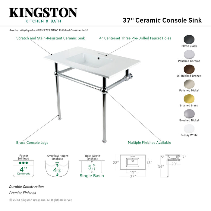 Kingston Heirloom KVBH37227W4BB - Templeton 37-Inch Ceramic Console Sink with Brass Legs (4-Inch, 3-Hole), White/Brushed Brass