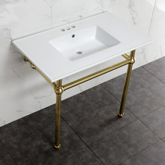 Kingston Heirloom KVBH37227W4BB - Templeton 37-Inch Ceramic Console Sink with Brass Legs (4-Inch, 3-Hole), White/Brushed Brass