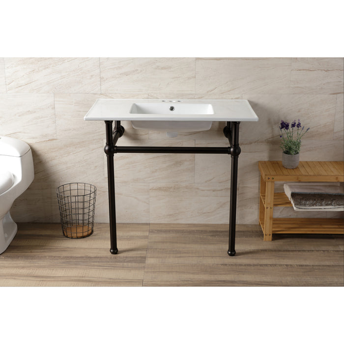 Kingston Heirloom KVBH37227W4ORB - Templeton 37-Inch Ceramic Console Sink with Brass Legs (4-Inch, 3-Hole), White/Oil Rubbed Bronze