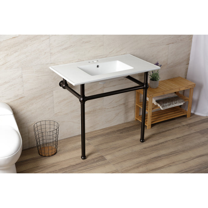 Kingston Heirloom KVBH37227W4ORB - Templeton 37-Inch Ceramic Console Sink with Brass Legs (4-Inch, 3-Hole), White/Oil Rubbed Bronze